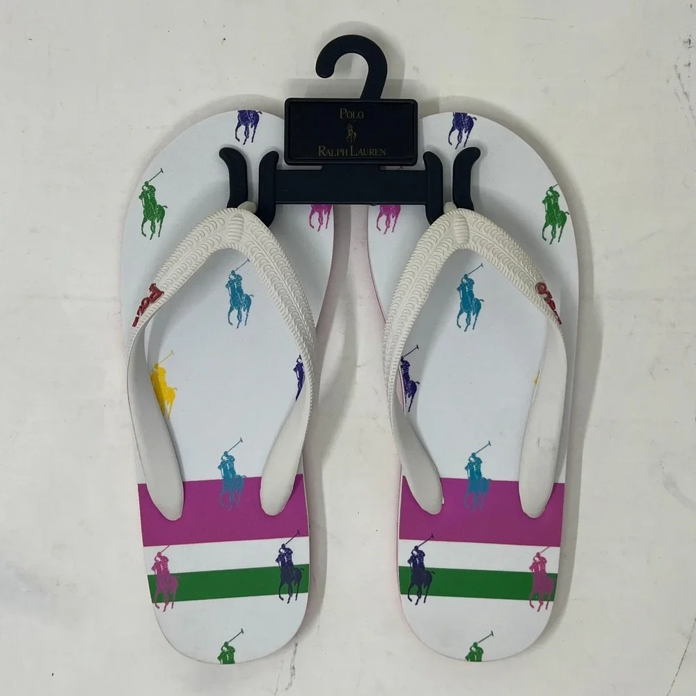 Polo Ralph Lauren Unisex Junior Flip Flop White/Pony‎ Logo US Size 4 VTG NEW